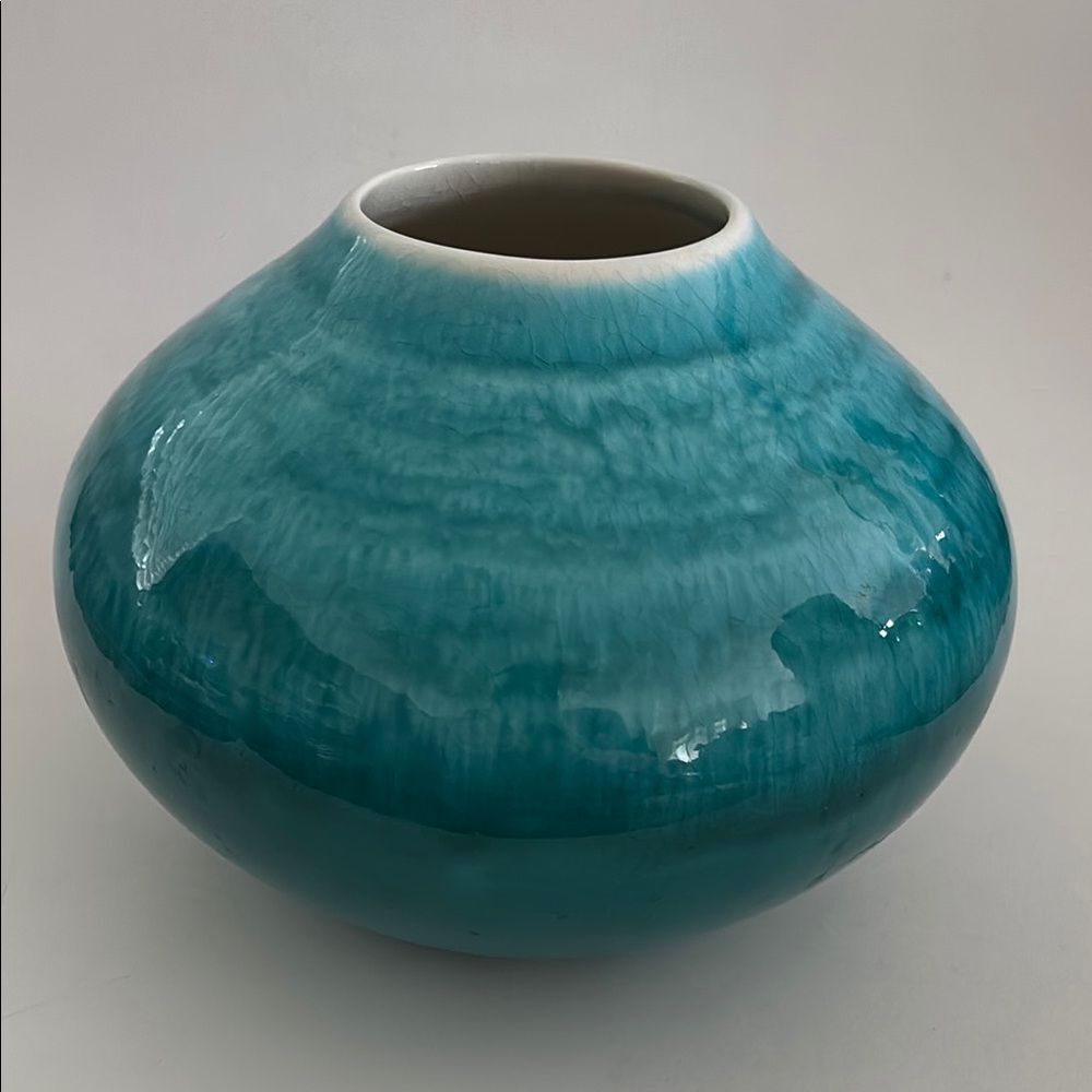 Vintage Crate and Barrel Jayde Turquoise Crackle Glaze Vase